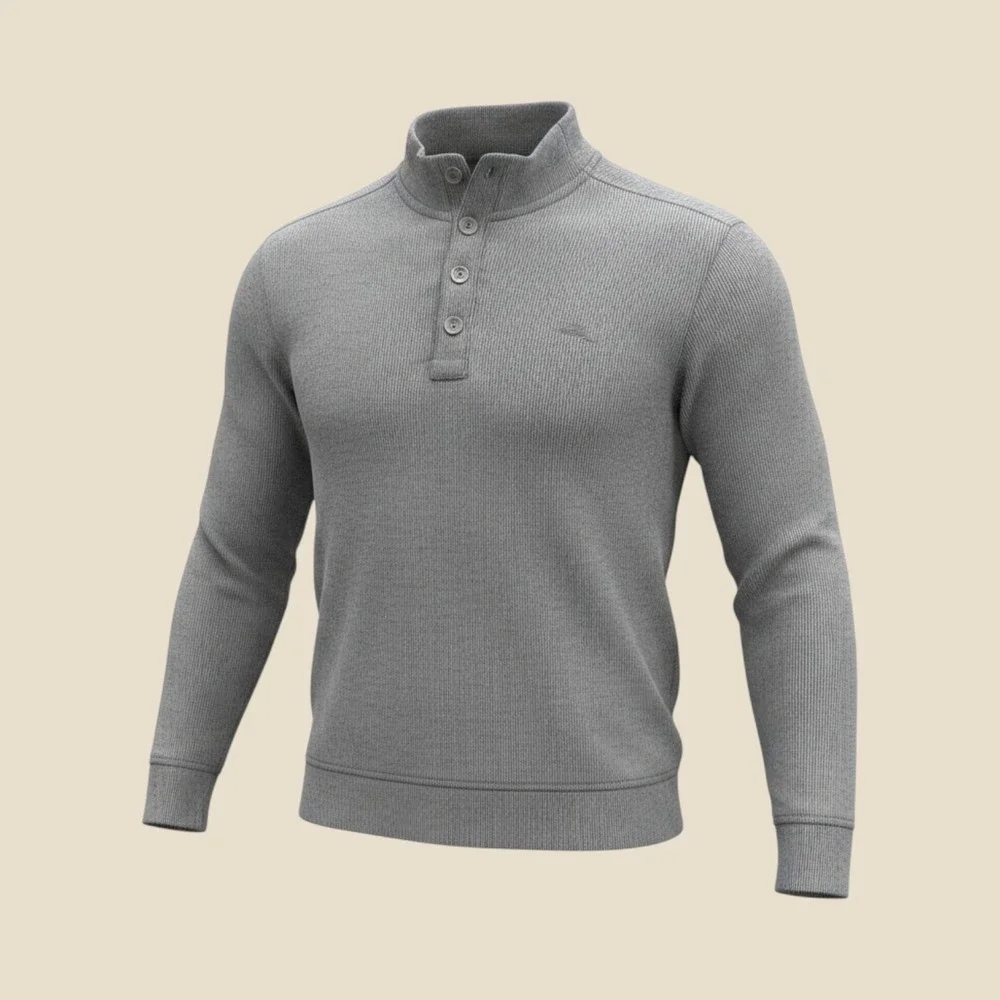 Tommy Bahama Mens XL Grey Ribbed Mock Neck 4-Button Pullover Sweater Marlin Logo